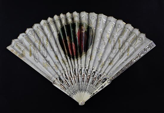 A 19th century French pierced bone fan, overall 10.75in.